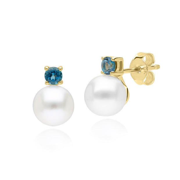 Modern Pearl & Topaz Stud Earrings in 9ct Yellow Gold