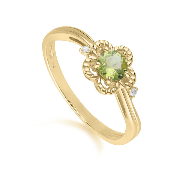 Floral Round Peridot & Diamond Ring in 9ct Yellow Gold