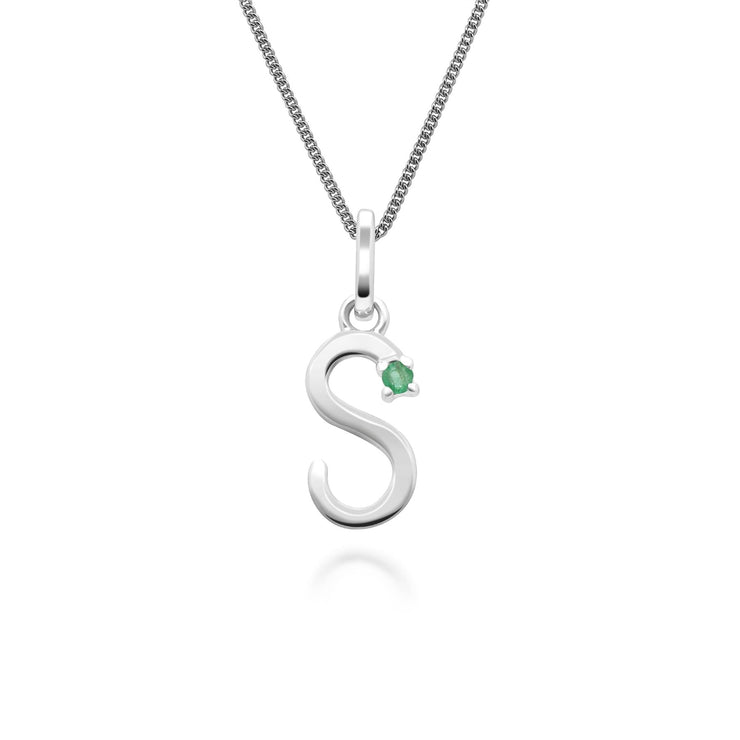 Initial Emerald Letter Charm Necklace in 9ct White Gold