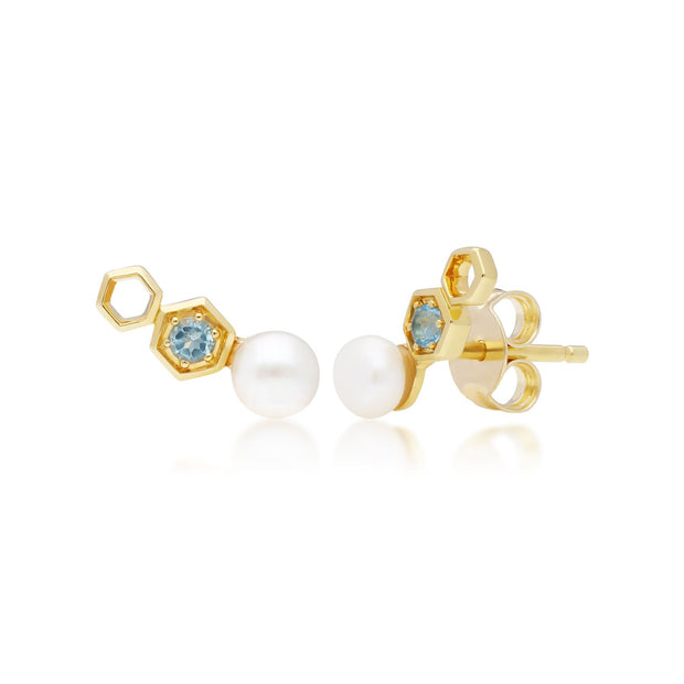 Modern Pearl & Blue Topaz Ear Climber Studs in 9ct Yellow Gold