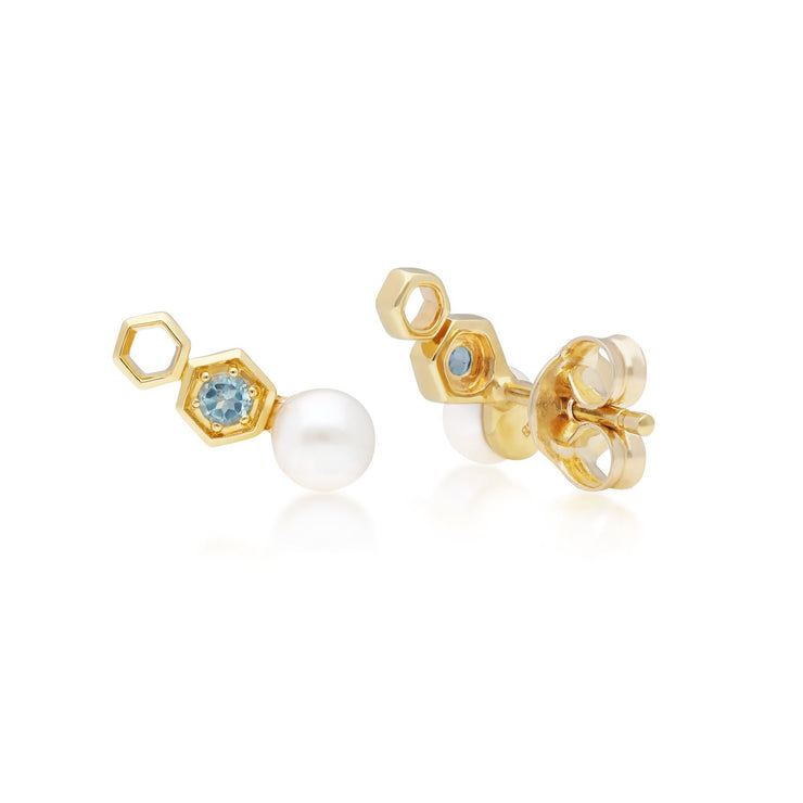 Modern Pearl & Blue Topaz Ear Climber Studs in 9ct Yellow Gold