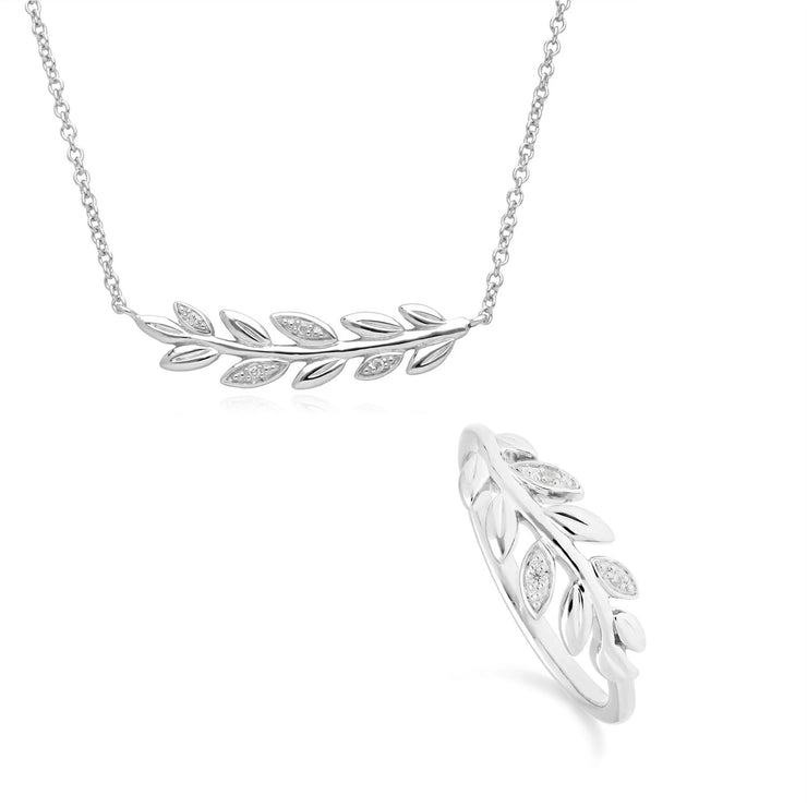 O Leaf Diamond Necklace & Ring Set in 9ct White Gold