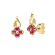 Floral Round Ruby Stud Earrings in 9ct Yellow Gold