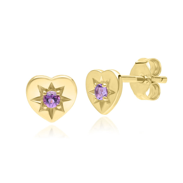 ECFEW™ 'The Liberator' Amethyst Heart Stud Earrings in 9ct Yellow Gold