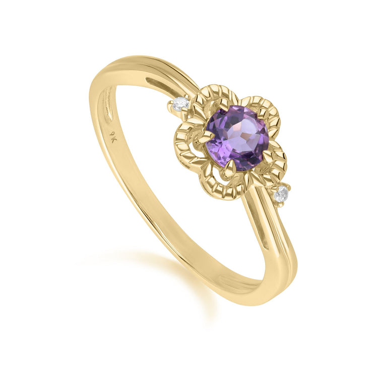 Floral Round Amethyst & Diamond Ring in 9ct Yellow Gold