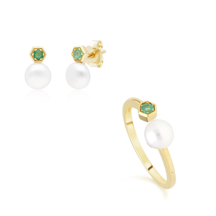 Modern Pearl & Emerald Earring & Ring Set in 9ct Yellow Gold