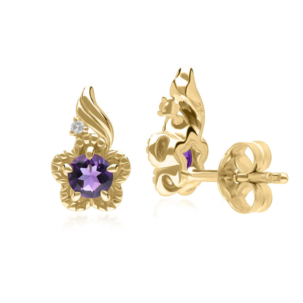 Floral Round Amethyst & Diamond Stud Earrings in 9ct Yellow Gold