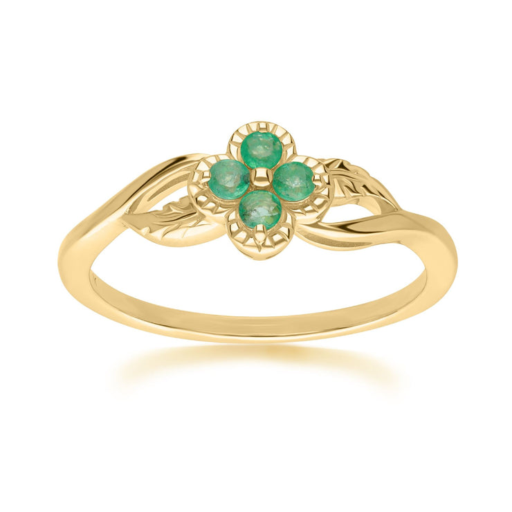 Floral Round Emerald Ring in 9ct Yellow Gold