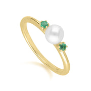 Modern Pearl & Round Emerald Ring in 9ct Yellow Gold