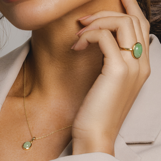 Classic Jade Cabochon Pendant and Ring Set in 9ct Yellow Gold