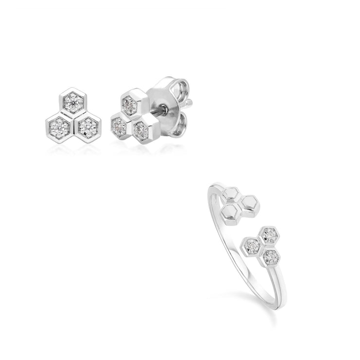 Diamond Trilogy Ring & Stud Earring Set in 9ct White Gold