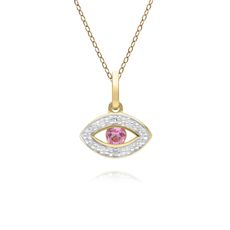 ECFEW™ Dainty Evil Eye Pink Tourmaline & Diamond Pendant in 9ct Yellow Gold