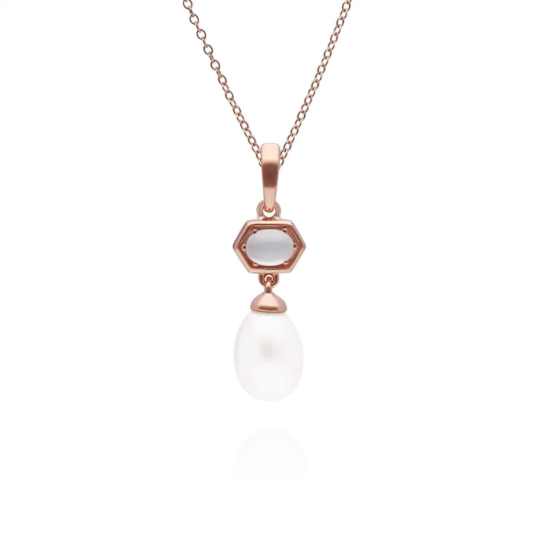 270P030802925 Modern Pearl & Moonstone Hexagon Drop Pendant in Rose Gold Plated Silver 1