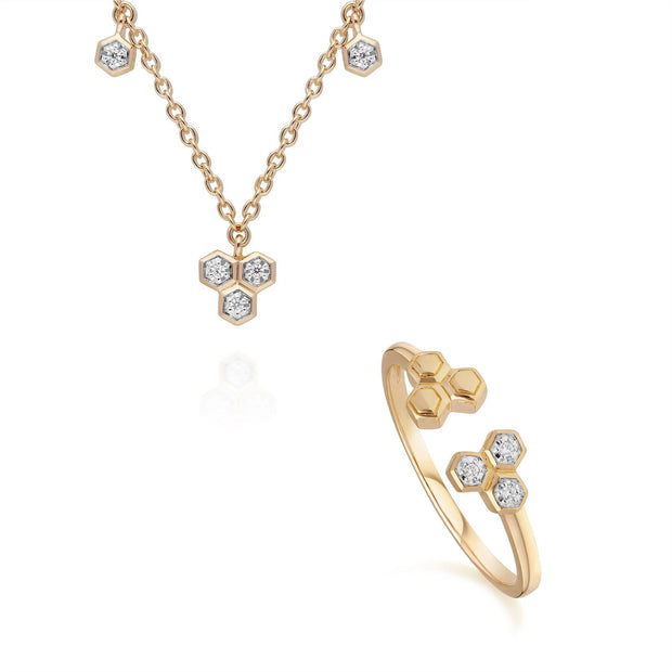 Diamond Trilogy Necklace & Ring Set in 9ct Yellow Gold