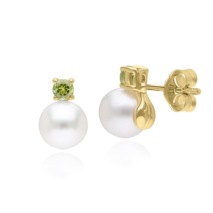 Modern Pearl & Peridot Stud Earrings in 9ct Yellow Gold