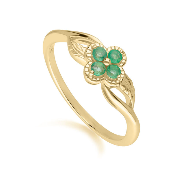 Floral Round Emerald Ring in 9ct Yellow Gold