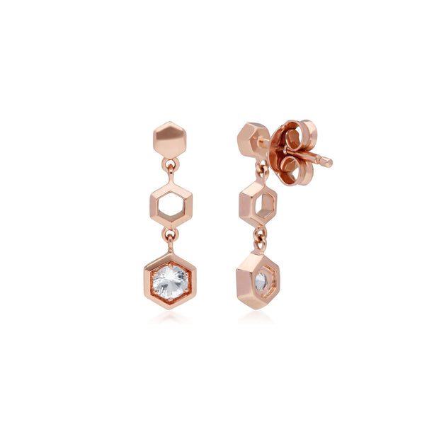 Honeycomb Inspired Clear Sapphire Drop Earrings in 9ct Rose Gold