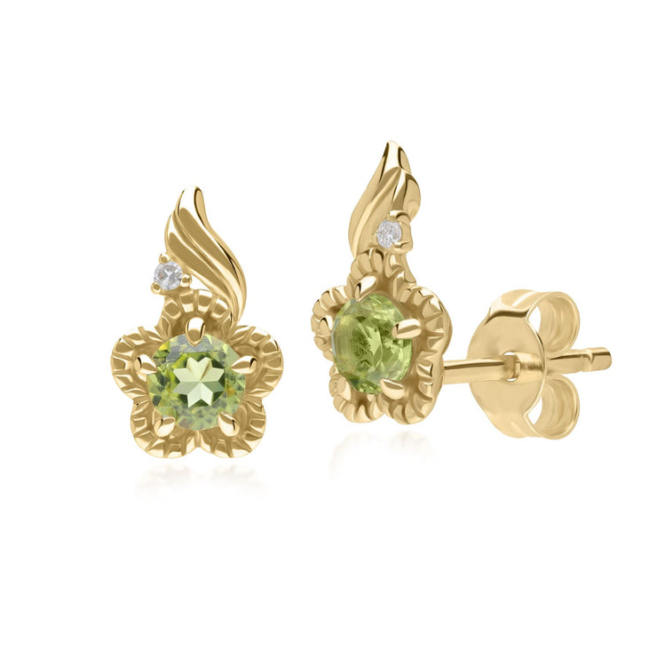 Floral Round Peridot & Diamond Stud Earrings in 9ct Yellow Gold