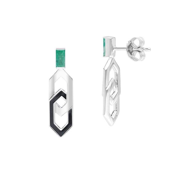Grand Deco Enamel & Emerald Link Drop Earrings in 9ct White Gold