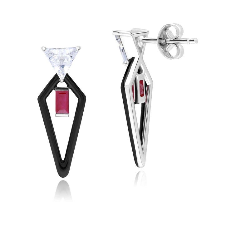 Grand Deco Enamel, Topaz & Ruby Drop Earrings in 9ct White Gold