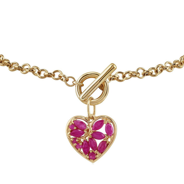 Classic Marquise Ruby Floral Heart Pendant & Charm Bracelet in 9ct Yellow Gold
