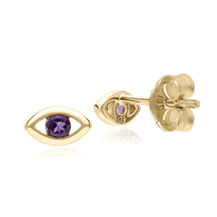 ECFEW™ Dainty Evil Eye Amethyst Stud Earrings in 9ct Yellow Gold