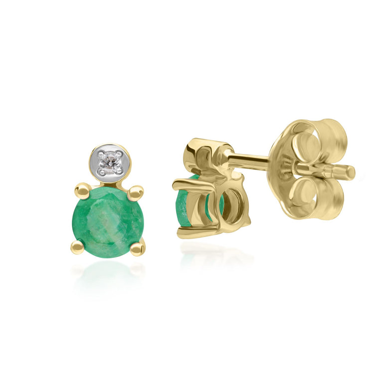 Micro Statement Round Emerald & Diamond Stud Earrings in 9ct Yellow Gold