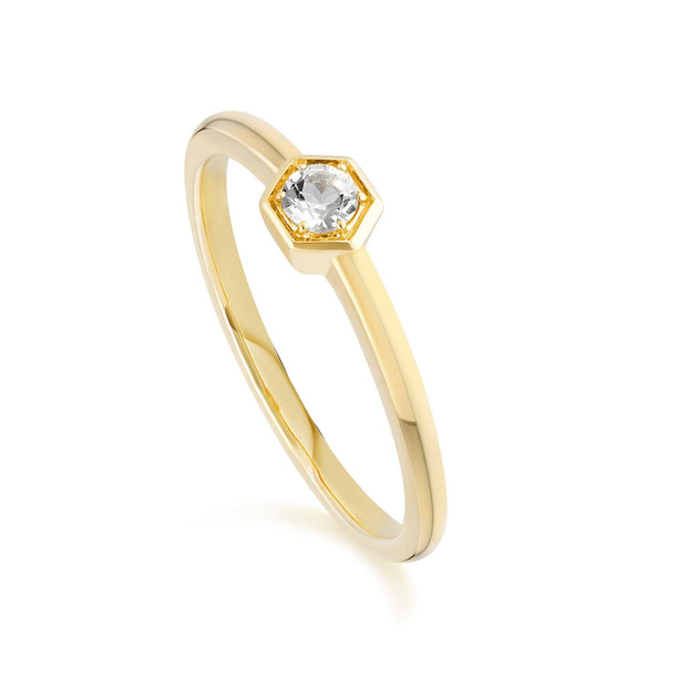 Honeycomb Inspired White Topaz Solitaire Ring in 9ct Yellow Gold
