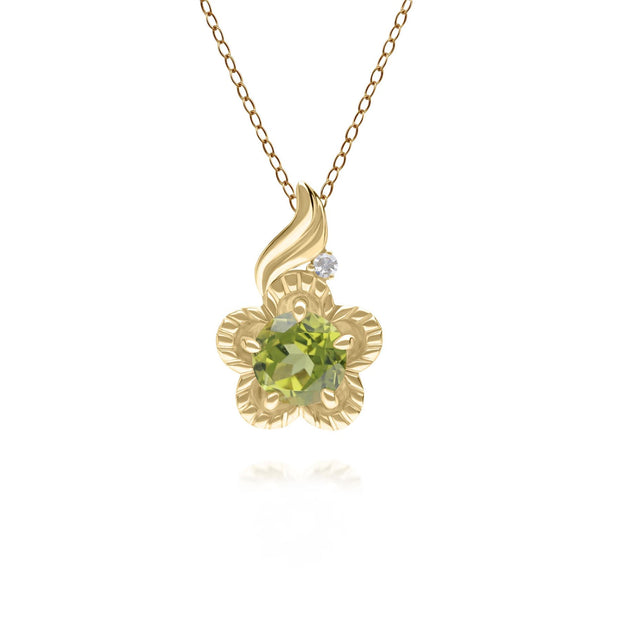 Floral Round Peridot & Diamond Pendant in 9ct Yellow Gold