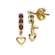Cultured Freshwater Pearl & Rhodolite Mismatched Heart Drop Earrings