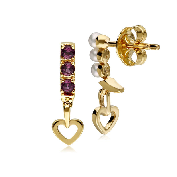 Cultured Freshwater Pearl & Rhodolite Mismatched Heart Drop Earrings