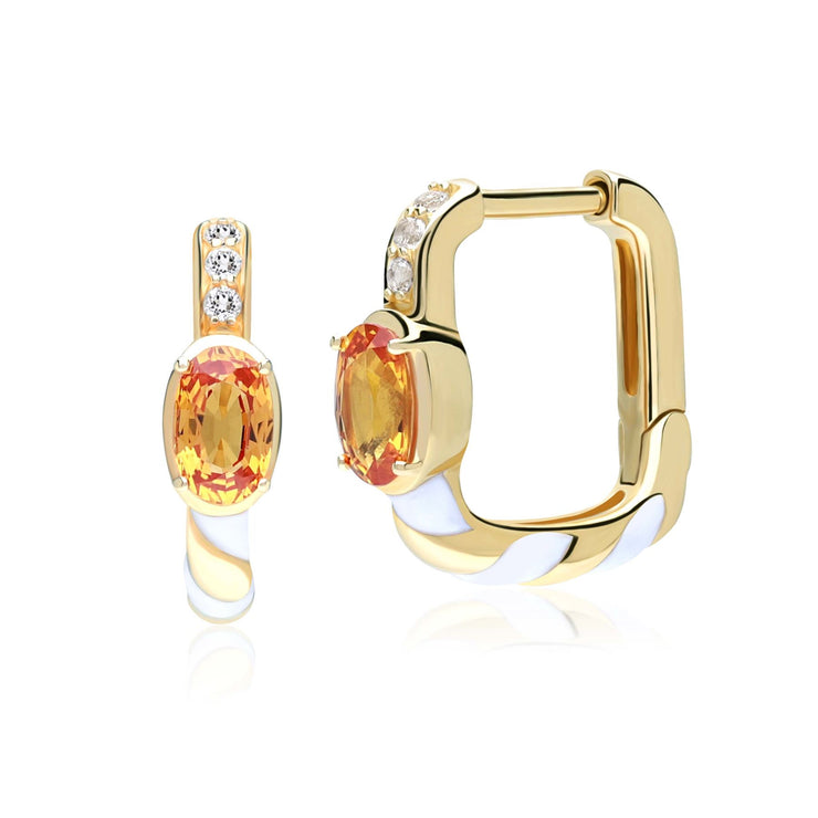 Siberian Waltz White Topaz & Orange Sapphire Square Hoop Earrings in 9ct Gold