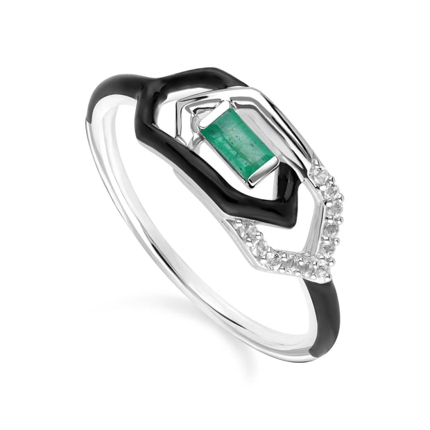 Grand Deco Enamel, White Topaz & Emerald Link Ring in 9ct White Gold