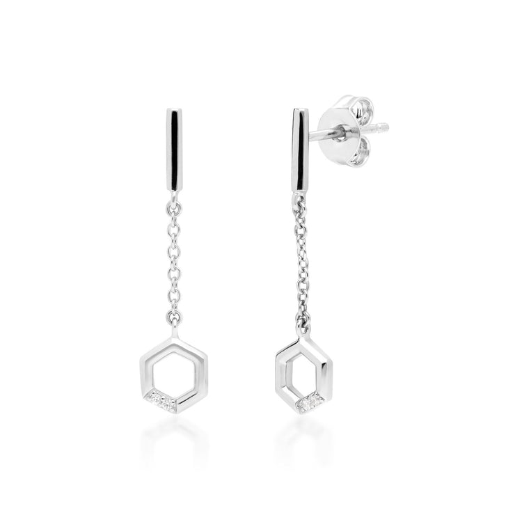 Diamond Pave Hexagon Dangle Drop Earrings in 9ct White Gold