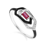 Grand Deco Enamel, White Topaz & Ruby Link Ring in 9ct White Gold