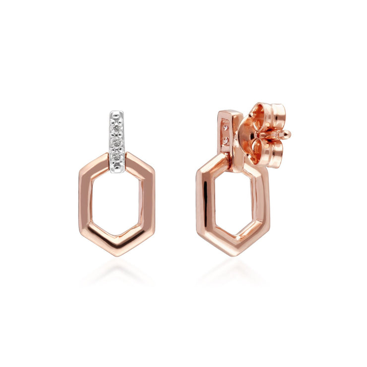 Diamond Pave Hex Bar  Drop Earrings in 9ct Rose Gold