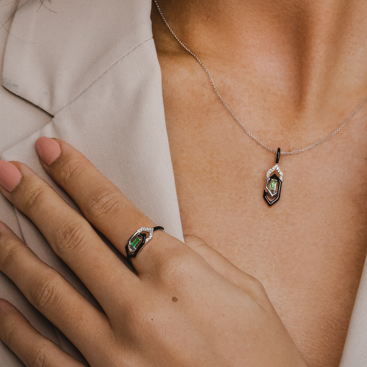 Grand Deco Black Enamel, White Topaz & Emerald Pendant and Ring Set in 9ct White Gold