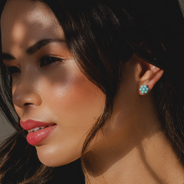 Floral Turquoise Cabochon Cluster Stud Earrings in 9ct Yellow Gold