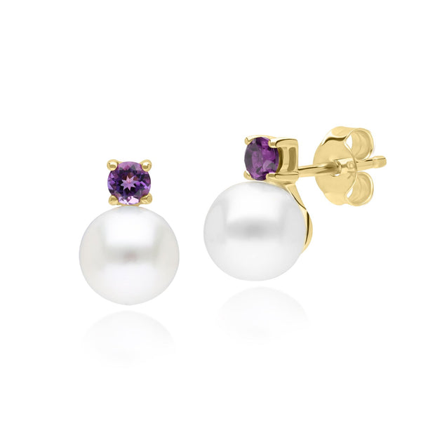 Modern Pearl & Amethyst Stud Earrings in 9ct Yellow Gold