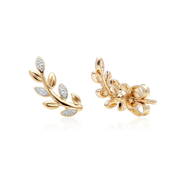 O Leaf Diamond Pave Stud Earrings in 9ct Yellow Gold