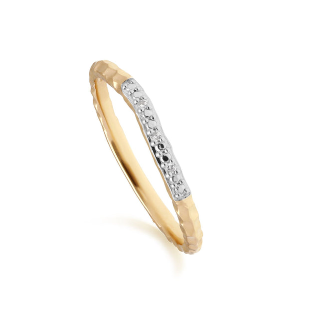 Diamond Pave Hammered  Band Ring in 9ct Yellow Gold