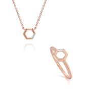 Diamond Pave Hexagon Necklace & Ring Set in 9ct Rose Gold