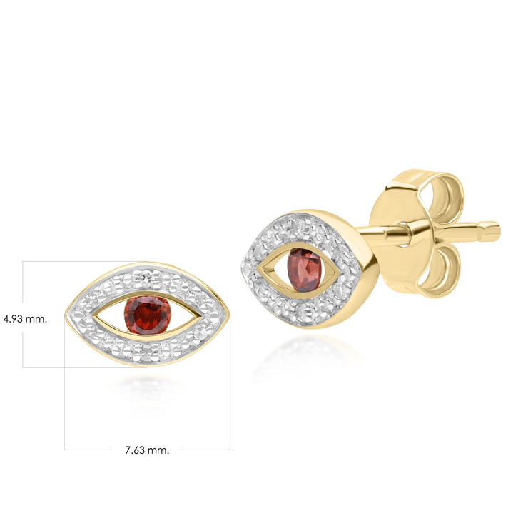 ECFEW™ Dainty Evil Eye Garnet & Diamond Stud Earrings in 9ct Yellow Gold