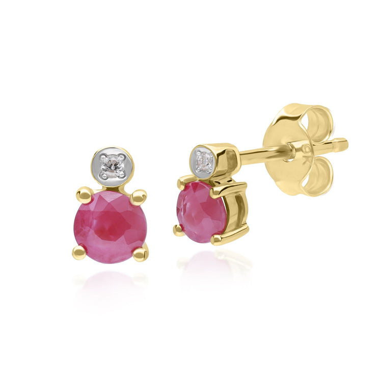 Micro Statement Round Ruby & Diamond Stud Earrings in 9ct Yellow Gold