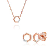 Diamond Pave Hexagon Necklace & Stud Earring Set in 9ct Rose Gold