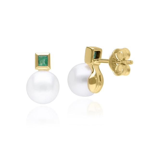 Modern Pearl & Square Emerald Stud Earrings in 9ct Yellow Gold