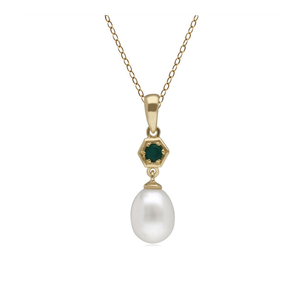 Modern Pearl & Dyed Green Chalcedony Drop Pendant in 9ct Yellow Gold