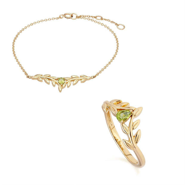 O Leaf Peridot Bracelet & Ring Set in 9ct Yellow Gold