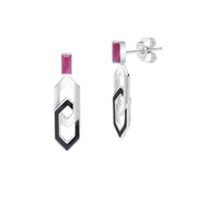 Grand Deco Enamel & Ruby Link Drop Earrings in 9ct White Gold