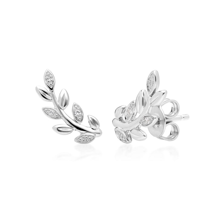 O Leaf Diamond Pave Stud Earrings in 9ct White Gold